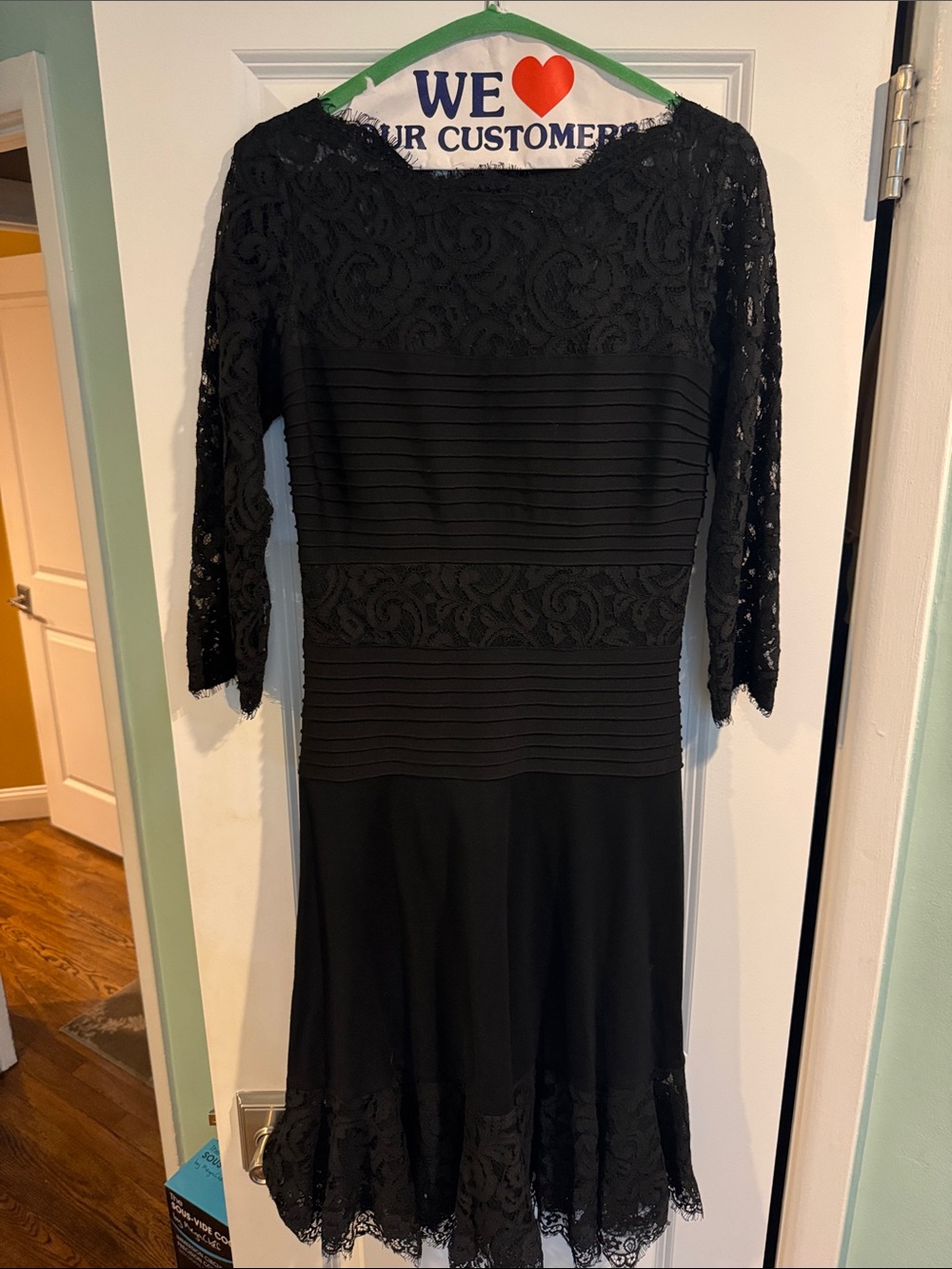 Tadashi Elegant Black Lace Midi Dress with Three-Quarter Sleeves